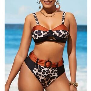 NWT Rosewe Leopard Print Black High Waisted Belted 2 Pc Bikini Swimsuit. Size M.